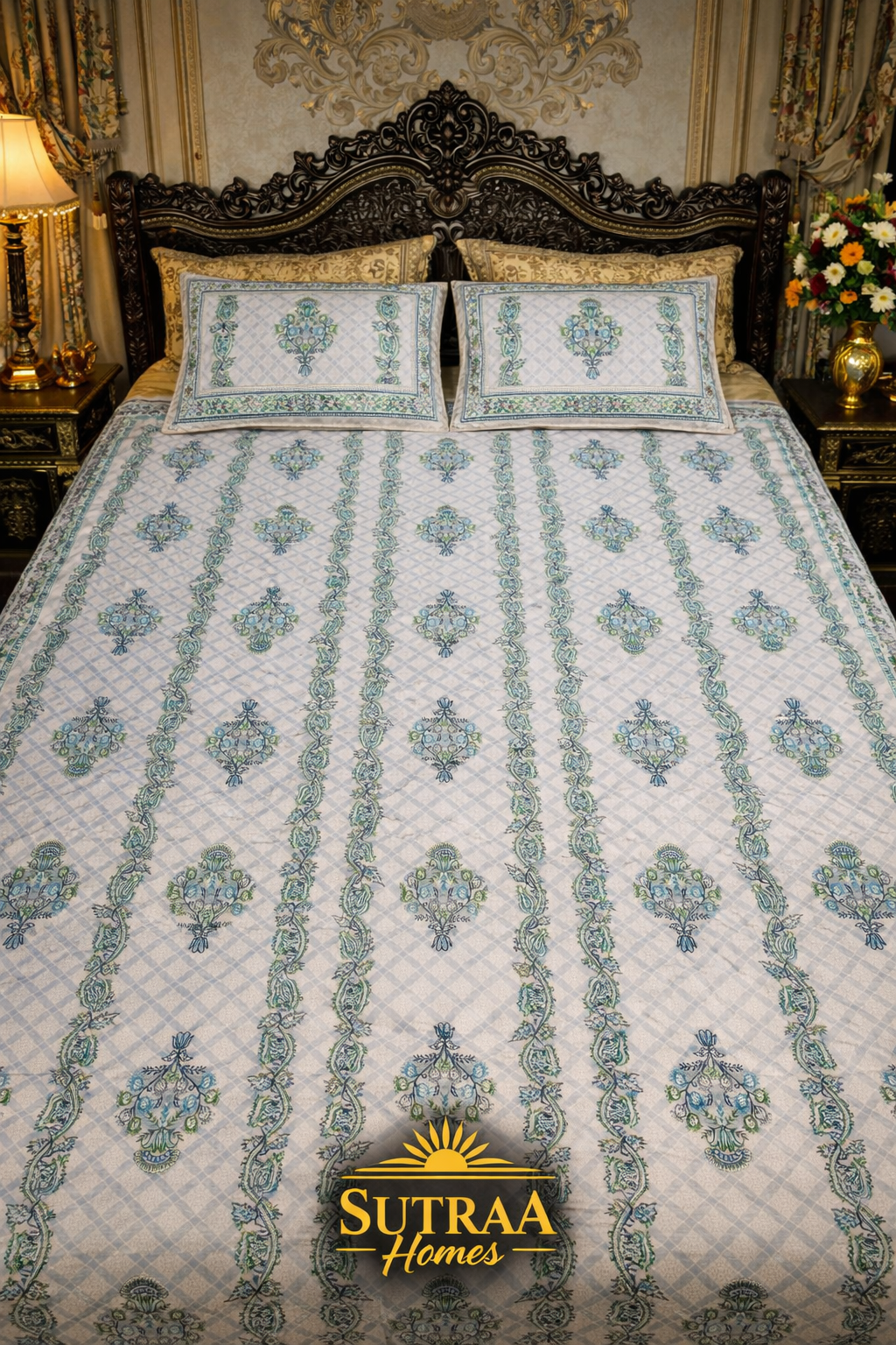 teal mughal vine cotton double bedsheet set (145 tc) with 2 pillow covers teal mughal vine cotton double bedsheet set (145 tc) with 2 pillow covers