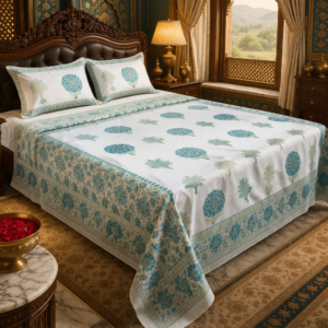 noor aangan aqua heritage | block print cotton bedsheet | 100% premium cotton